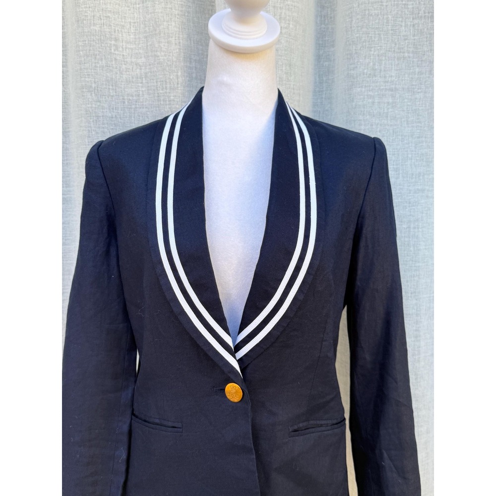 1990 Lauren Ralph Lauren navy blue linen nautical single button blazer - Picture 3 of 10